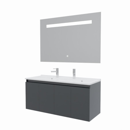Meuble salle de bain suspendu 120 cm avec porte pivotante avec plan vasque en résine PROLINE et miroir Elégance ht80 - Gris anth