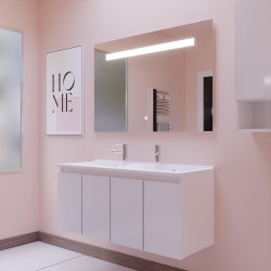 Meuble salle de bain suspendu 120 cm avec porte pivotante avec plan vasque en résine PROLINE et miroir Elégance ht80 - Blanc bri