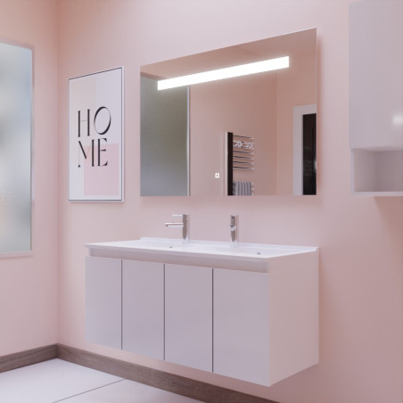 Meuble salle de bain suspendu 120 cm avec porte pivotante avec plan vasque en résine PROLINE et miroir Elégance ht80 - Blanc bri