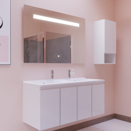 Meuble salle de bain suspendu 120 cm avec porte pivotante avec plan vasque en résine PROLINE et miroir Elégance ht80 - Blanc bri
