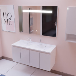 Meuble salle de bain suspendu 120 cm avec porte pivotante avec plan vasque en résine PROLINE et miroir Elégance ht80 - Blanc bri