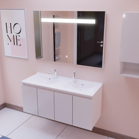 Meuble salle de bain suspendu 120 cm avec porte pivotante avec plan vasque en résine PROLINE et miroir Elégance ht80 - Blanc bri