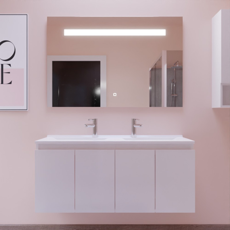 Meuble salle de bain suspendu 120 cm avec porte pivotante avec plan vasque en résine PROLINE et miroir Elégance ht80 - Blanc bri Meuble salle de bain suspendu 120 cm avec porte pivotante avec plan vasque en résine PROLINE et miroir Elégance ht80 - Blanc bri