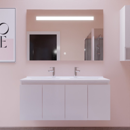 Meuble salle de bain suspendu 120 cm avec porte pivotante avec plan vasque en résine PROLINE et miroir Elégance ht80 - Blanc bri