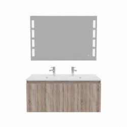 Meuble salle de bain suspendu 120 cm avec porte pivotante double vasque en résine PROLINE et miroir Prestige - Blanc brillant - 