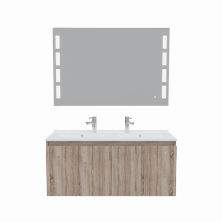 Meuble salle de bain suspendu 120 cm avec porte pivotante double vasque en résine PROLINE et miroir Prestige - Blanc brillant - 