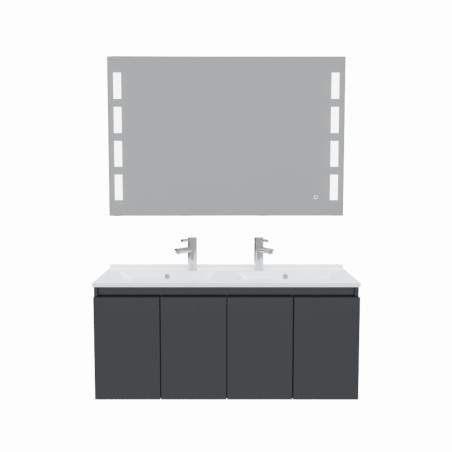 Meuble salle de bain suspendu 120 cm avec porte pivotante double vasque en résine PROLINE et miroir Prestige - Gris brillant
