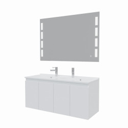 Meuble salle de bain suspendu 120 cm avec porte pivotante double vasque en résine PROLINE et miroir Prestige - Blanc brillant
