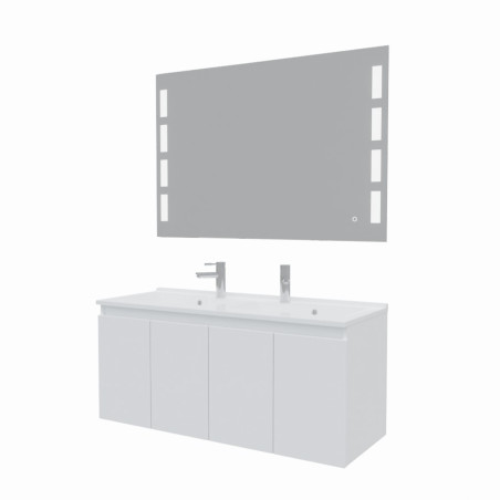 Meuble salle de bain suspendu 120 cm avec porte pivotante double vasque en résine PROLINE et miroir Prestige - Blanc brillant