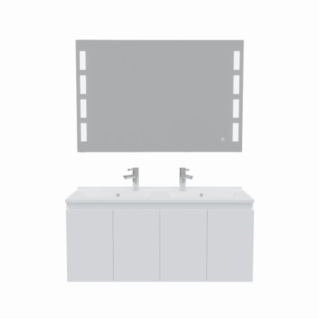 Meuble salle de bain suspendu 120 cm avec porte pivotante double vasque en résine PROLINE et miroir Prestige - Blanc brillant