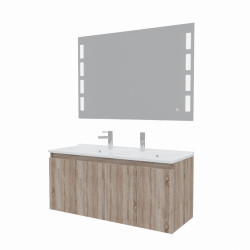 Meuble salle de bain suspendu 120 cm avec porte pivotante double vasque en résine PROLINE et miroir Prestige - Blanc brillant - 