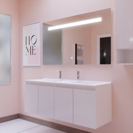Meuble salle de bain suspendu 140 cm avec porte pivotante avec plan vasque PROLINE et miroir Elégance ht80 - Blanc brillant