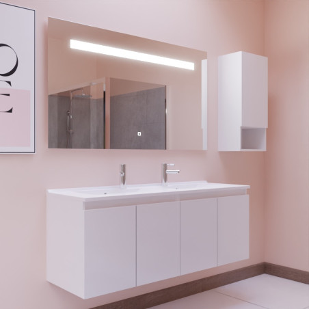 Meuble salle de bain suspendu 140 cm avec porte pivotante avec plan vasque PROLINE et miroir Elégance ht80 - Blanc brillant