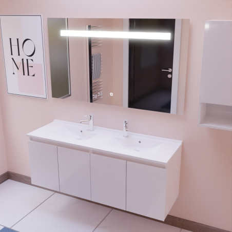 Meuble salle de bain suspendu 140 cm avec porte pivotante avec plan vasque PROLINE et miroir Elégance ht80 - Blanc brillant