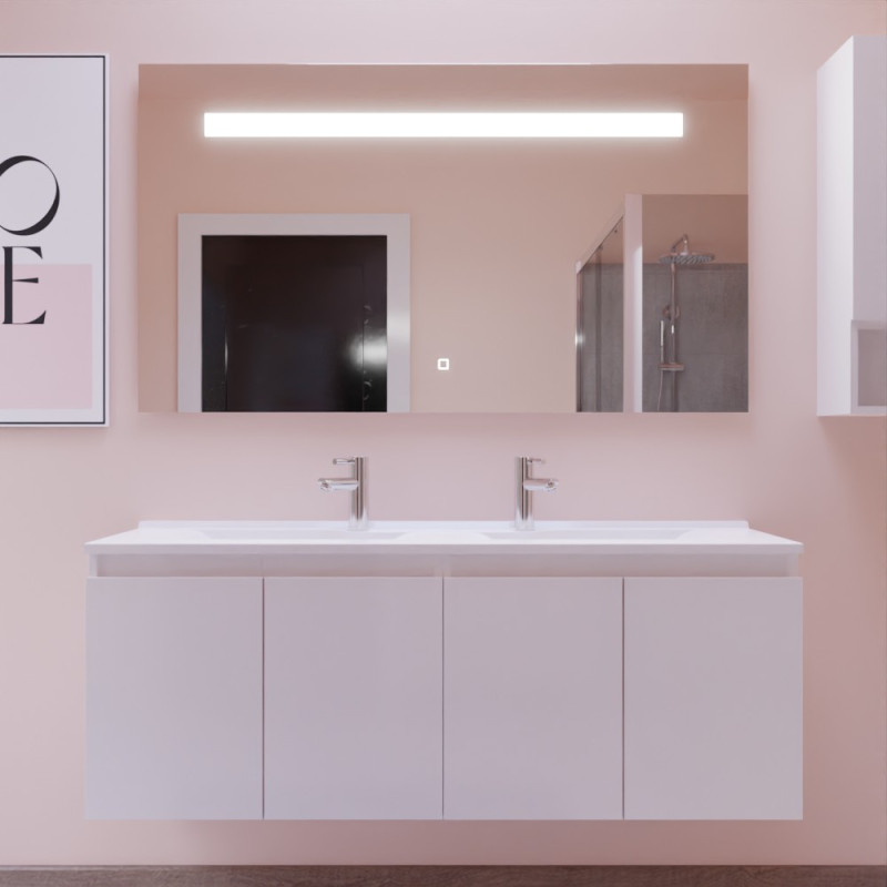 Meuble salle de bain suspendu 140 cm avec porte pivotante avec plan vasque PROLINE et miroir Elégance ht80 - Blanc brillant Meuble salle de bain suspendu 140 cm avec porte pivotante avec plan vasque PROLINE et miroir Elégance ht80 - Blanc brillant