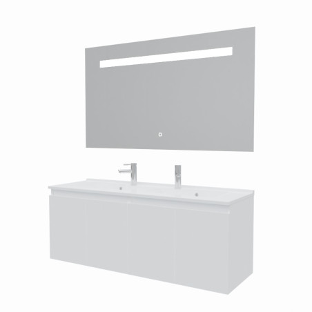 Meuble salle de bain suspendu 140 cm avec porte pivotante avec plan vasque PROLINE et miroir Elégance ht80 - Blanc brillant