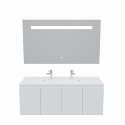 Meuble salle de bain suspendu 140 cm avec porte pivotante avec plan vasque PROLINE et miroir Elégance ht80 - Blanc brillant