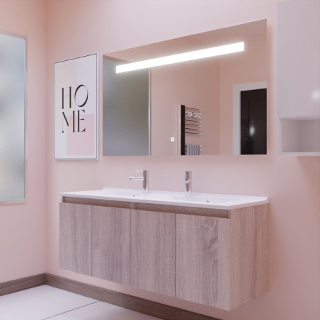 Meuble salle de bain suspendu 140 cm avec porte pivotante avec plan vasque PROLINE et miroir Elégance ht80 - Cambrian Oak Chêne