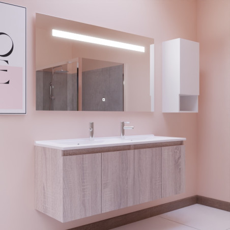 Meuble salle de bain suspendu 140 cm avec porte pivotante avec plan vasque PROLINE et miroir Elégance ht80 - Cambrian Oak Chêne