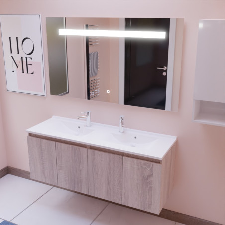 Meuble salle de bain suspendu 140 cm avec porte pivotante avec plan vasque PROLINE et miroir Elégance ht80 - Cambrian Oak Chêne