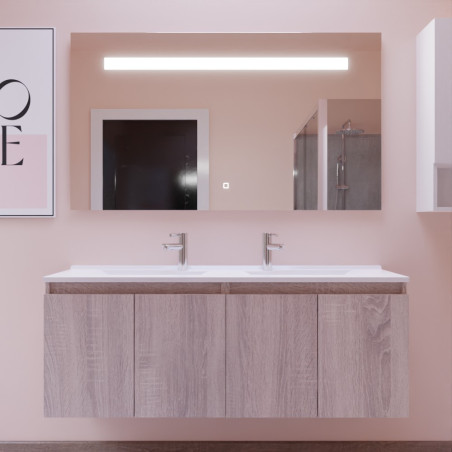Meuble salle de bain suspendu 140 cm avec porte pivotante avec plan vasque PROLINE et miroir Elégance ht80 - Cambrian Oak Chêne