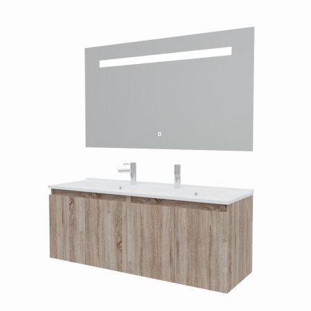 Meuble salle de bain suspendu 140 cm avec porte pivotante avec plan vasque PROLINE et miroir Elégance ht80 - Cambrian Oak Chêne