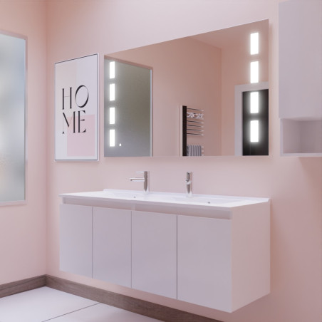 Meuble salle de bain suspendu 140 cm avec porte pivotante avec plan vasque PROLINE et miroir Prestige - Blanc brillant