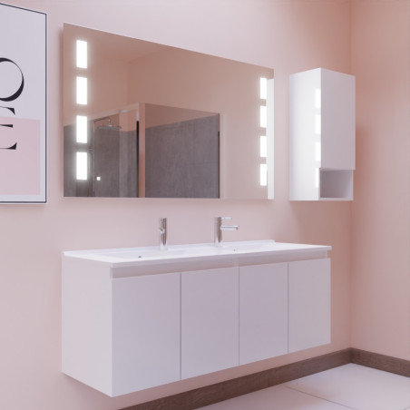 Meuble salle de bain suspendu 140 cm avec porte pivotante avec plan vasque PROLINE et miroir Prestige - Blanc brillant