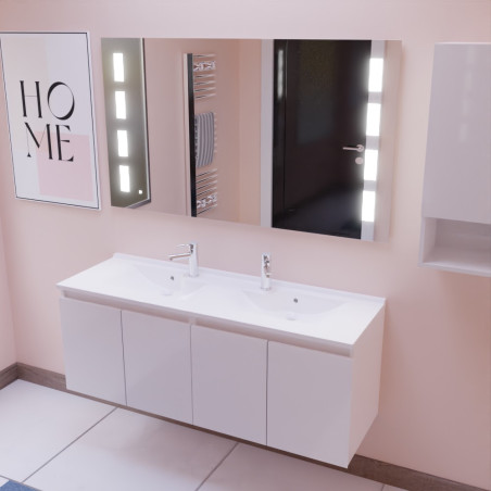 Meuble salle de bain suspendu 140 cm avec porte pivotante avec plan vasque PROLINE et miroir Prestige - Blanc brillant