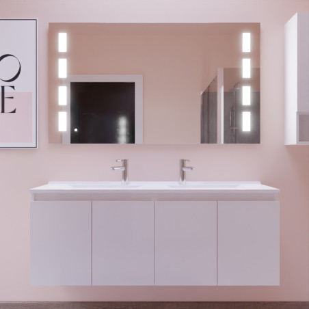 Meuble salle de bain suspendu 140 cm avec porte pivotante avec plan vasque PROLINE et miroir Prestige - Blanc brillant