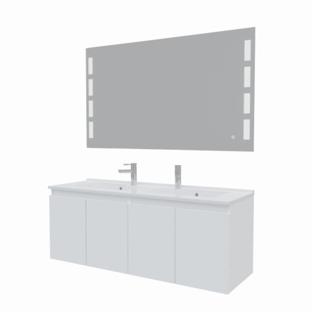 Meuble salle de bain suspendu 140 cm avec porte pivotante avec plan vasque PROLINE et miroir Prestige - Blanc brillant