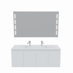 Meuble salle de bain suspendu 140 cm avec porte pivotante avec plan vasque PROLINE et miroir Prestige - Blanc brillant