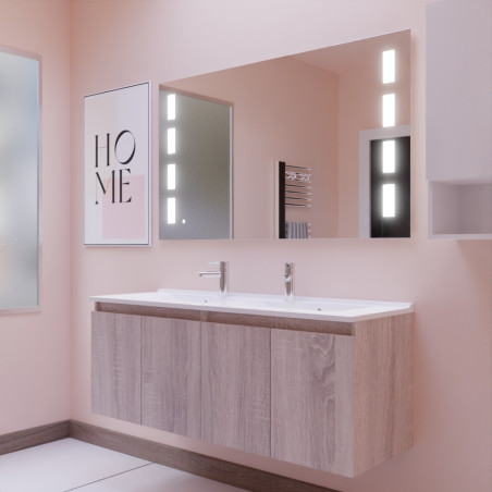 Meuble salle de bain suspendu 140 cm avec porte pivotante avec plan vasque PROLINE et miroir Prestige - Cambrian Oak Chêne