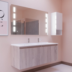 Meuble salle de bain suspendu 140 cm avec porte pivotante avec plan vasque PROLINE et miroir Prestige - Cambrian Oak Chêne