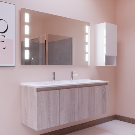 Meuble salle de bain suspendu 140 cm avec porte pivotante avec plan vasque PROLINE et miroir Prestige - Cambrian Oak Chêne