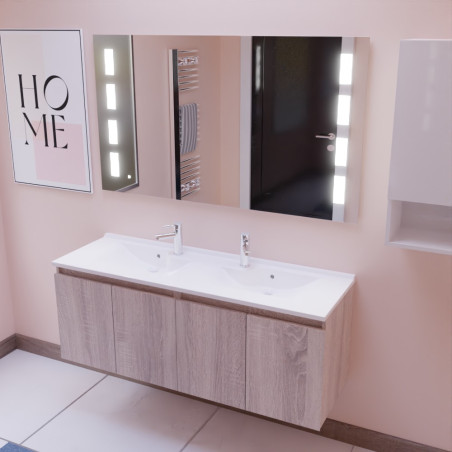 Meuble salle de bain suspendu 140 cm avec porte pivotante avec plan vasque PROLINE et miroir Prestige - Cambrian Oak Chêne