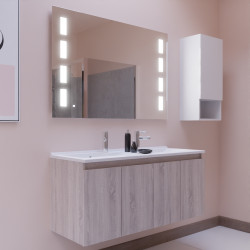Meuble salle de bain suspendu 120 cm avec porte pivotante double vasque en résine PROLINE et miroir Prestige - Blanc brillant - 