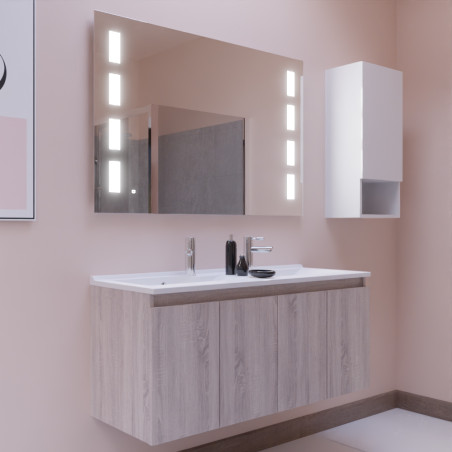 Meuble salle de bain suspendu 120 cm avec porte pivotante double vasque en résine PROLINE et miroir Prestige - Blanc brillant - 