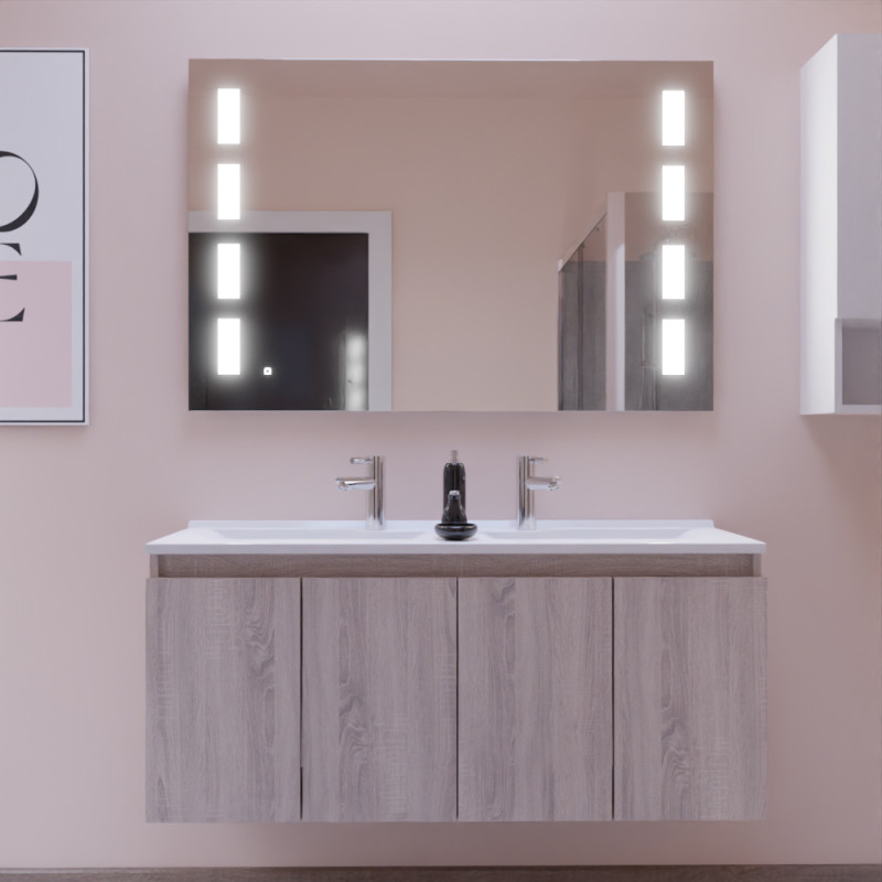 Meuble salle de bain suspendu 120 cm avec porte pivotante double vasque en résine PROLINE et miroir Prestige - Blanc brillant - Meuble salle de bain suspendu 120 cm avec porte pivotante double vasque en résine PROLINE et miroir Prestige - Blanc brillant -