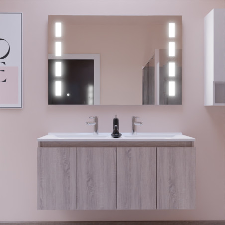Meuble salle de bain suspendu 120 cm avec porte pivotante double vasque en résine PROLINE et miroir Prestige - Blanc brillant - 