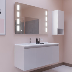 Meuble salle de bain suspendu 120 cm avec porte pivotante double vasque en résine PROLINE et miroir Prestige - Blanc brillant