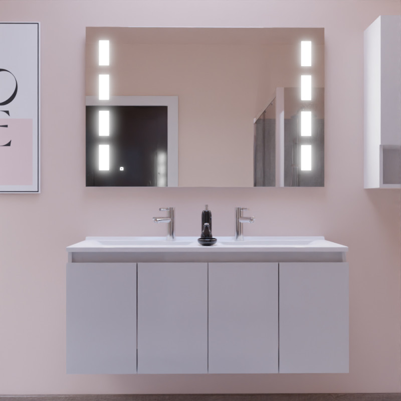 Meuble salle de bain suspendu 120 cm avec porte pivotante double vasque en résine PROLINE et miroir Prestige - Blanc brillant Meuble salle de bain suspendu 120 cm avec porte pivotante double vasque en résine PROLINE et miroir Prestige - Blanc brillant