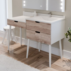 Meuble coiffeuse avec tiroirs et table maquillage salle de bain ALYA 120 cm bois et blanc avec vasque déportée à droite