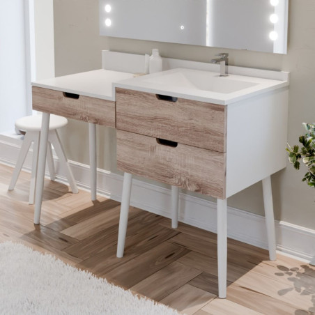 Meuble coiffeuse avec tiroirs et table maquillage salle de bain ALYA 120 cm bois et blanc avec vasque déportée à droite
