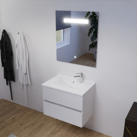 Meuble ROSALY 70 cm avec plan vasque en résine et miroir Elegance Hauteur 80 cm - Blanc brillant