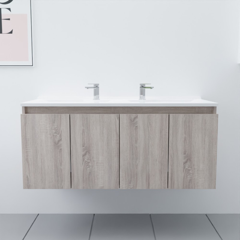 Meuble salle de bain double vasque suspendu 120 cm avec porte pivotante et plan vasque PROLINE - Cambrian Oak Chêne Meuble salle de bain double vasque suspendu 120 cm avec porte pivotante et plan vasque PROLINE - Cambrian Oak Chêne