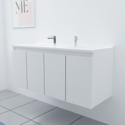 Meuble salle de bain double vasque suspendu 120 cm avec porte pivotante et plan vasque PROLINE - Blanc brillant