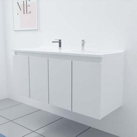 Meuble salle de bain double vasque suspendu 120 cm avec porte pivotante et plan vasque PROLINE - Blanc brillant