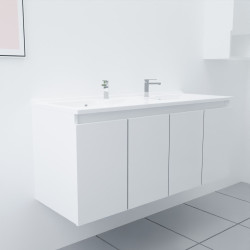 Meuble salle de bain double vasque suspendu 120 cm avec porte pivotante et plan vasque PROLINE - Blanc brillant