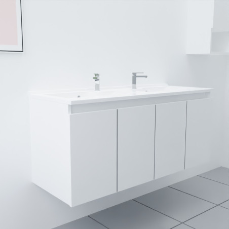 Meuble salle de bain double vasque suspendu 120 cm avec porte pivotante et plan vasque PROLINE - Blanc brillant